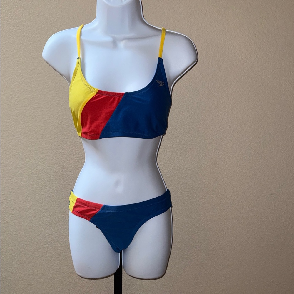 Speedo Women's Blue Red Yellow Color Block Endurance 2 Pc Bikini Top-L/Bottom-S
